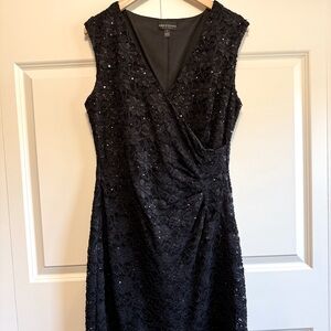 Size 14 BLACK SEQUIN LACE FAUX-WRAP DRESS Special Occasion Wedding Evening